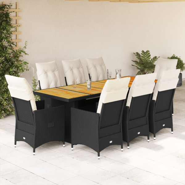 Conjunto de mesa e cadeiras de jardim de 9 peças com almofadas de vime PE preto D