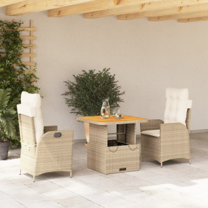 Set comedor de jardín 3 pzas con cojines ratán sintético beige D