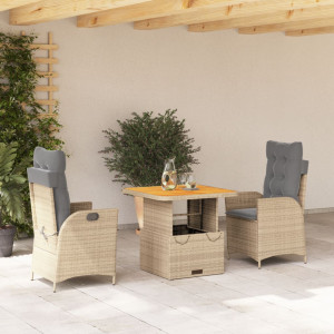 Set comedor de jardín 3 pzas con cojines ratán sintético beige D