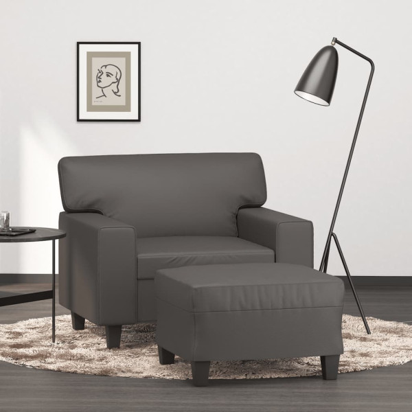 Sillón con taburete cuero sintético gris 60 cm D