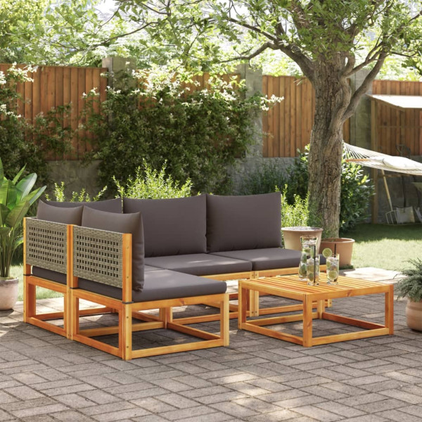 Set de sofás de jardín con cojines 5 pzas madera maciza acacia D