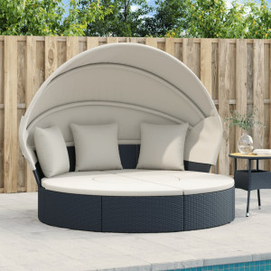 Cama de jardim Tumbona com capota e almofadas rattan PE preto D