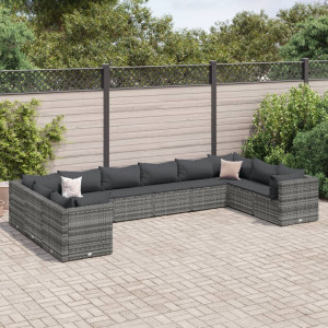 Set de muebles de jardín 10 pzas y cojines ratán sintético gris D