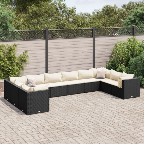 Set de muebles de jardín 10 pzas cojines ratán sintético negro D