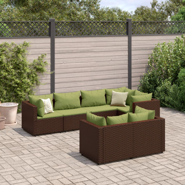 Conjunto de móveis de jardim 7 peças e almofadas de rattan sintético marrom D