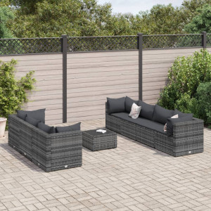 Set de muebles de jardín 8 pzas y cojines ratán sintético gris D