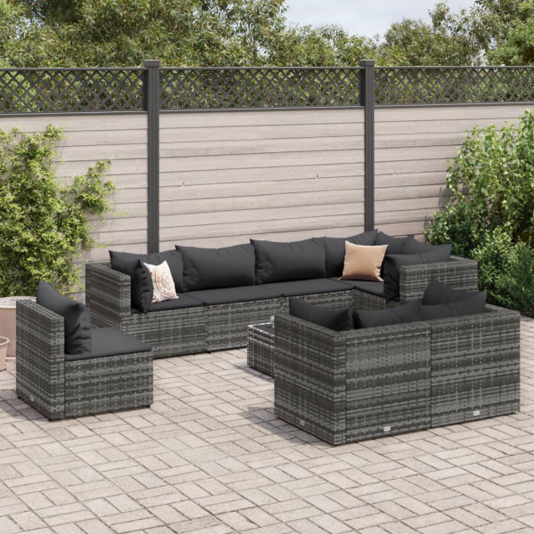 Set de muebles de jardín 9 pzas y cojines ratán sintético gris D