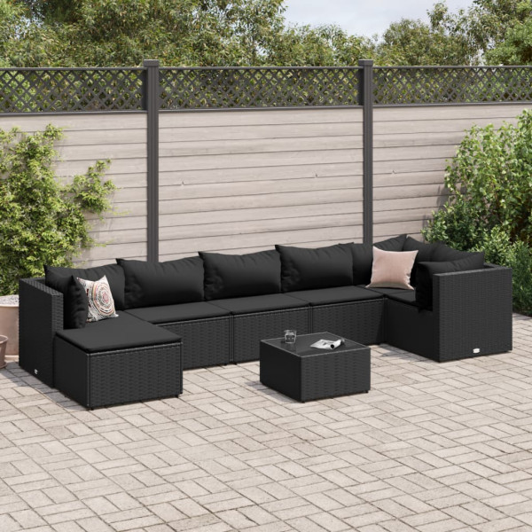 Conjunto de móveis de jardim 8 pcs e almofadas preto sintético rattan D