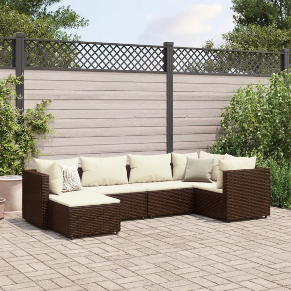 Set muebles de jardín 6 piezas y cojines ratán sintético marrón D