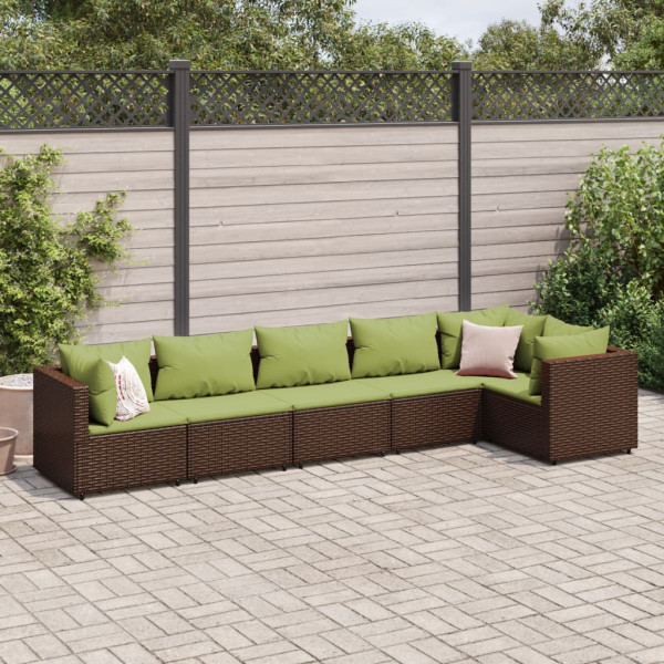 Set muebles de jardín 6 piezas y cojines ratán sintético marrón D