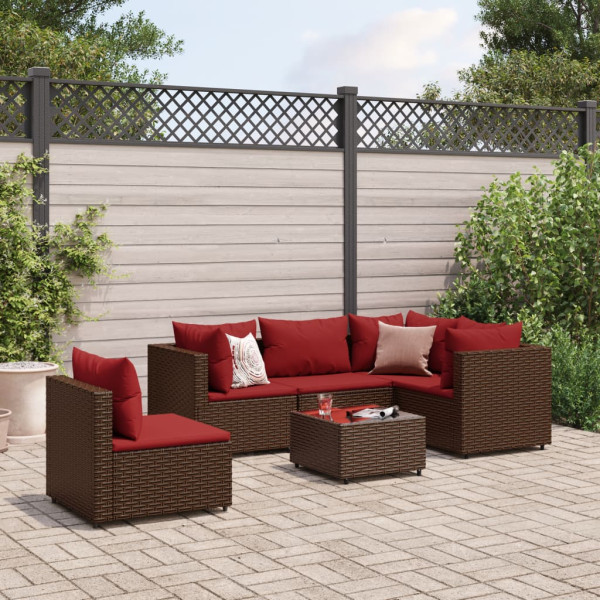 Set muebles de jardín 6 piezas y cojines ratán sintético marrón D