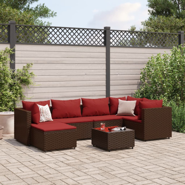 Conjunto de móveis de jardim 7 peças e almofadas de rattan sintético marrom D