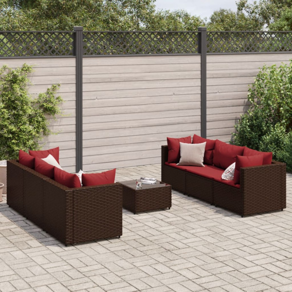 Set muebles de jardín 7 piezas y cojines ratán sintético marrón D