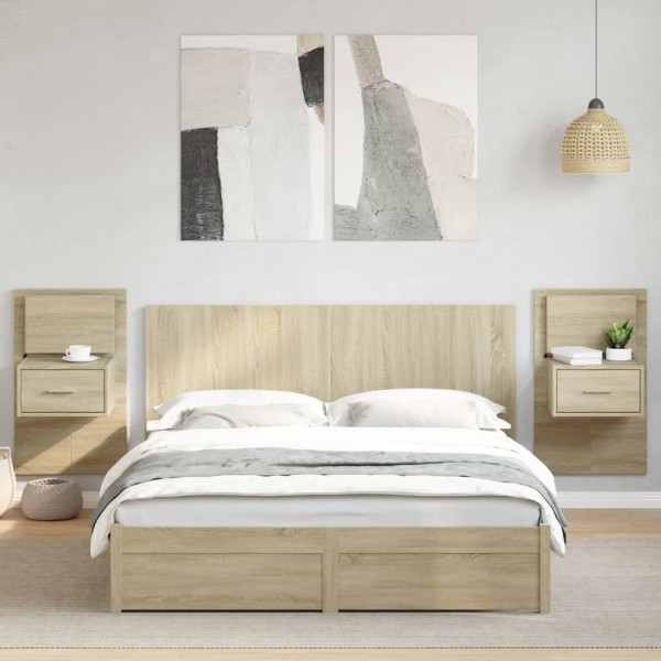 Cabecero cama con mesitas madera ingeniería roble Sonoma 160 cm D