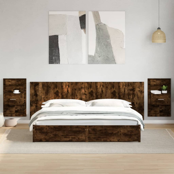 Cabecero cama con mesitas madera ingeniería roble ahumado 240cm D