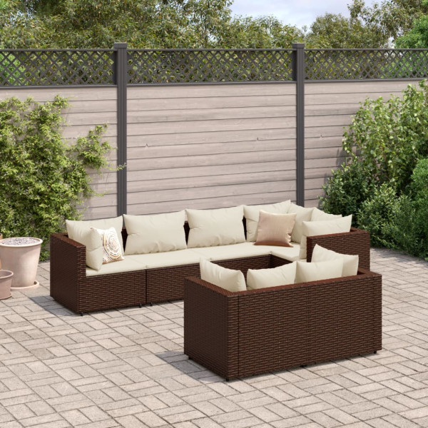 Conjunto de móveis de jardim 7 peças e almofadas de rattan sintético marrom D