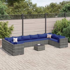 Set de muebles de jardín 11 pzas y cojines ratán sintético gris D