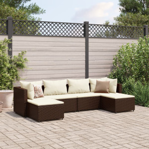 Set muebles de jardín 6 piezas y cojines ratán sintético marrón D