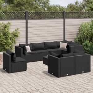 Set de muebles de jardín 9 pzas y cojines ratán sintético negro D