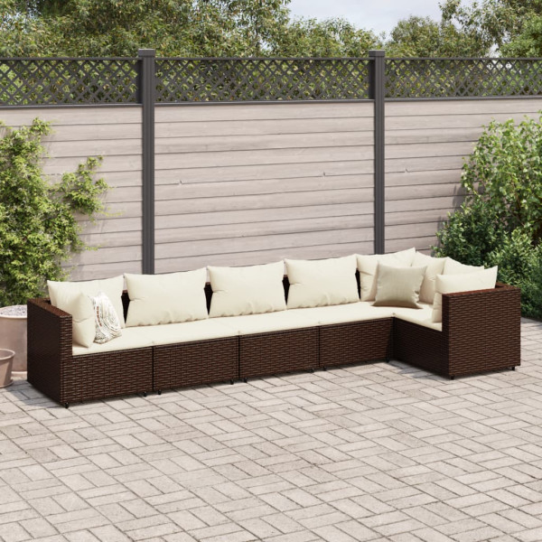 Set muebles de jardín 6 piezas y cojines ratán sintético marrón D