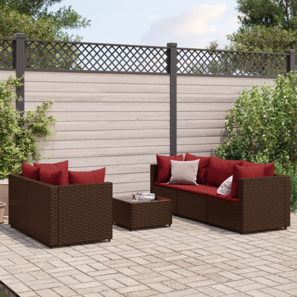 Conjunto de móveis de jardim 6 peças e almofadas de rattan marrom D