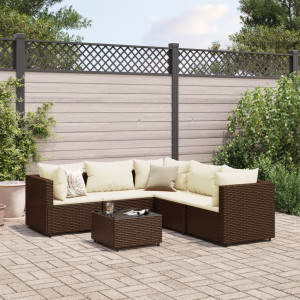 Set muebles de jardín 6 piezas y cojines ratán sintético marrón D