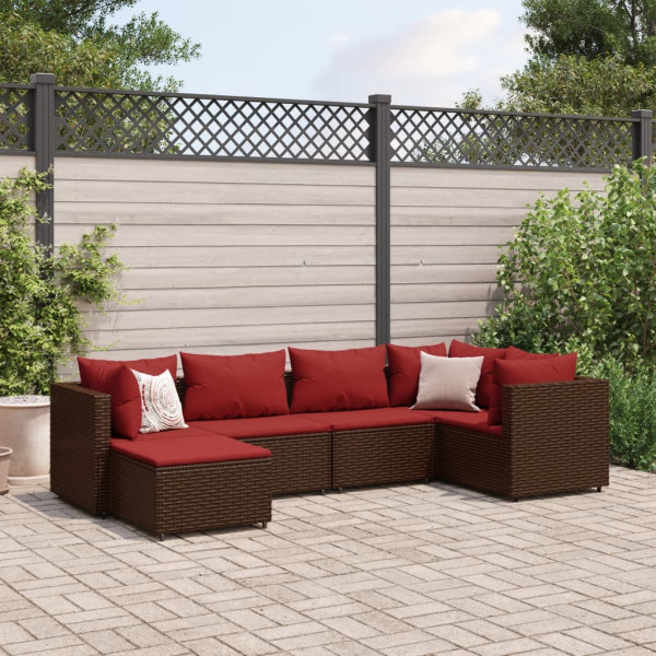 Set muebles de jardín 6 piezas y cojines ratán sintético marrón D