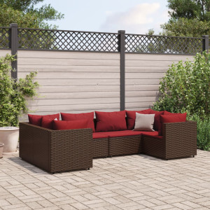 Set muebles de jardín 6 piezas y cojines ratán sintético marrón D