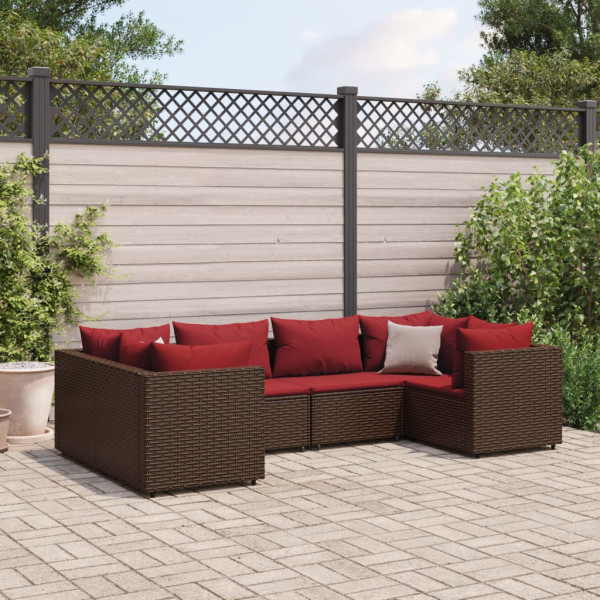 Set muebles de jardín 6 piezas y cojines ratán sintético marrón D