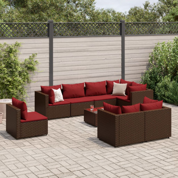 Set muebles de jardín 9 piezas y cojines ratán sintético marrón D