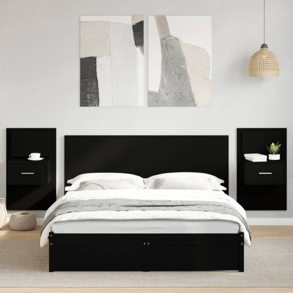 Cabecero de cama con mesitas madera de ingeniería negro 160 cm D