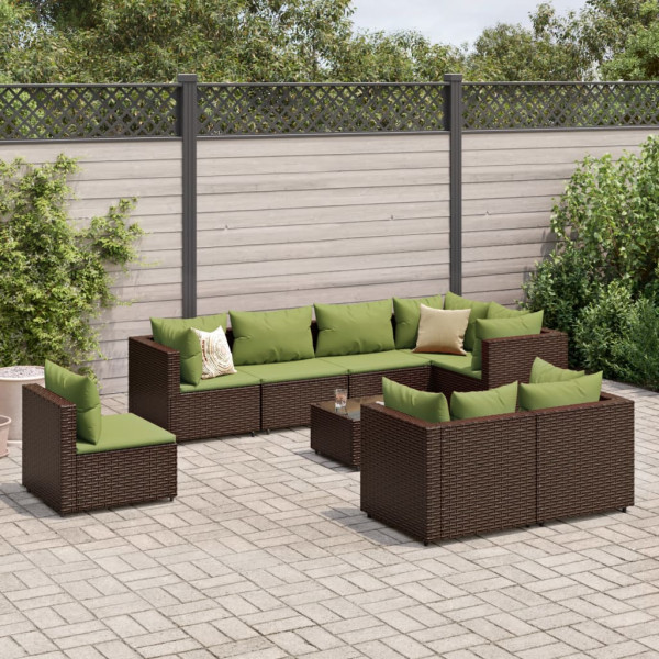 Set muebles de jardín 9 piezas y cojines ratán sintético marrón D