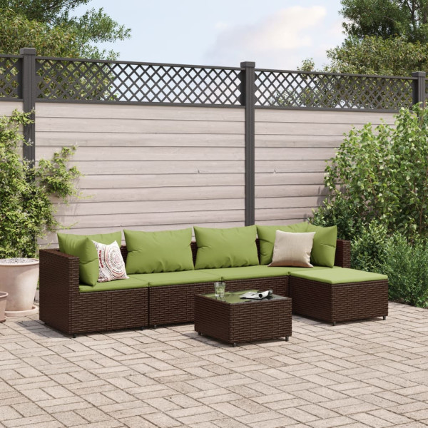 Set muebles de jardín 6 piezas y cojines ratán sintético marrón D