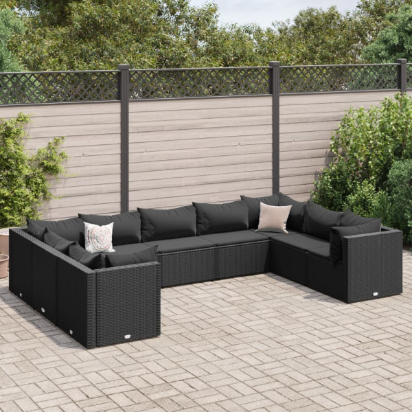 Conjunto de móveis de jardim 9 pcs e almofadas de rattan sintético preto D