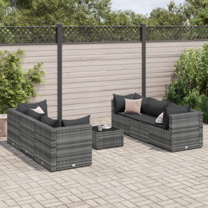 Set de muebles de jardín 7 pzas y cojines ratán sintético gris D