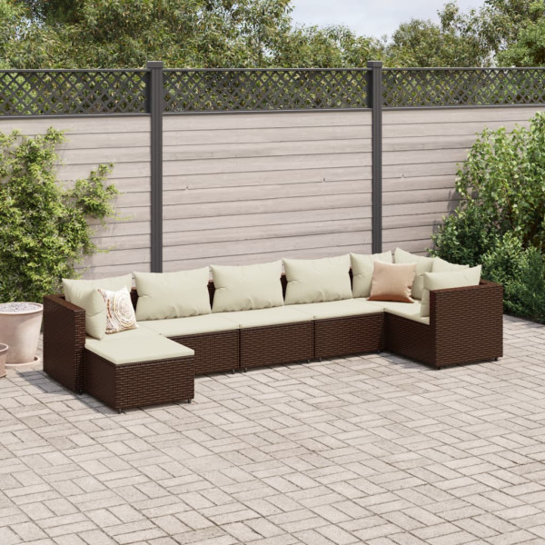 Conjunto de móveis de jardim 7 peças e almofadas de rattan sintético marrom D