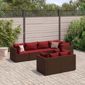 Set muebles de jardín 7 piezas y cojines ratán sintético marrón D