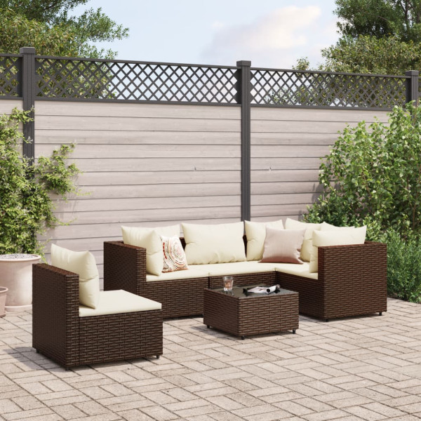 Set muebles de jardín 6 piezas y cojines ratán sintético marrón D