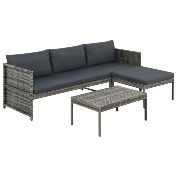 Set muebles de jardín 3 piezas con cojines ratán sintético gris D