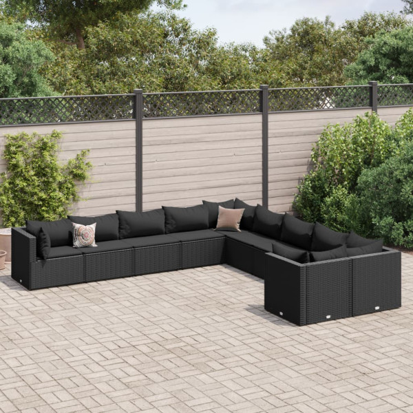 Conjunto de sofá e almofada de jardim com 10 peças de rattan sintético preto D