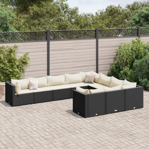 Conjunto de sofá e almofada de jardim com 10 peças de rattan sintético preto D