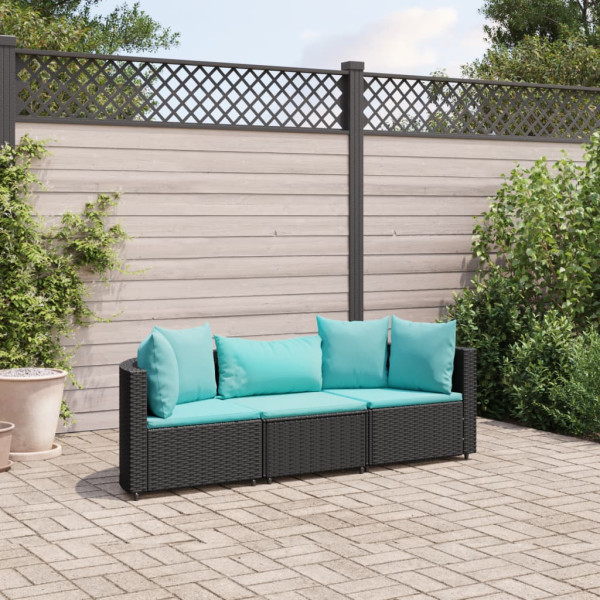 Sofá de jardim com almofadas 3 pcs preto sintético rattan D