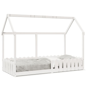 Cama con forma de casa de niños madera maciza blanca 90x200 cm D