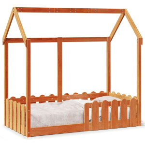 Cama con forma de casa de niños madera maciza marrón 70x140 cm D