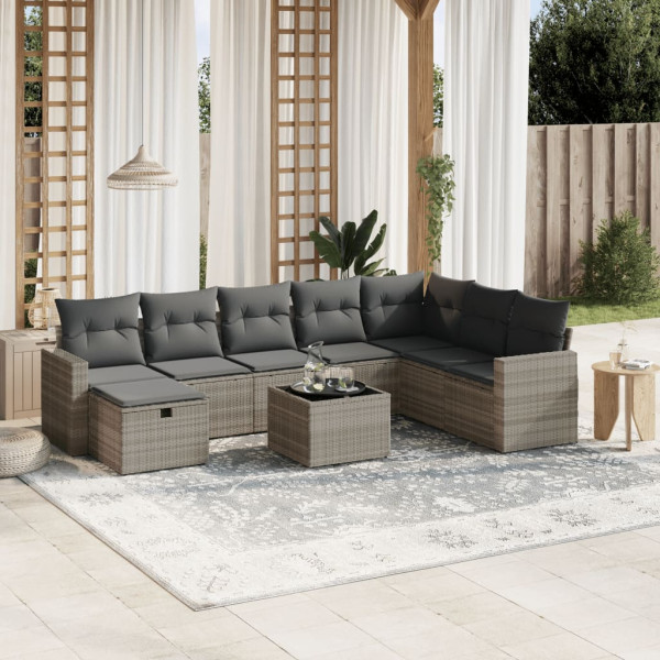 Set muebles jardín 9 pzas y cojines ratán sintético gris claro D