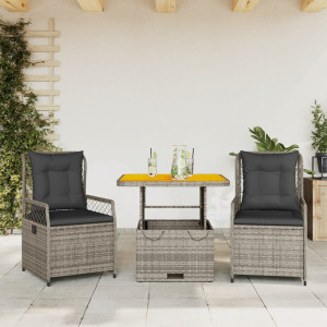 Set comedor de jardín 3 piezas con cojines ratán sintético gris D