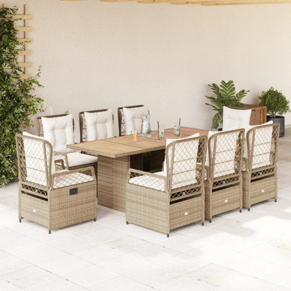 Set comedor de jardín 9 pzas con cojines ratán sintético beige D