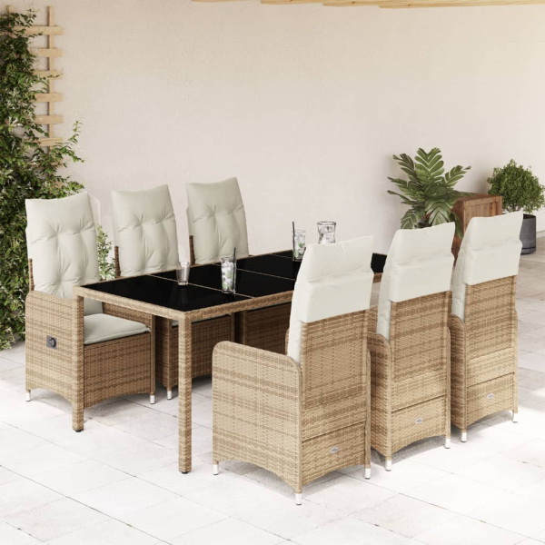 Conjunto de mesa e cadeiras de jardim de 7 peças com almofadas de vime PE bege D