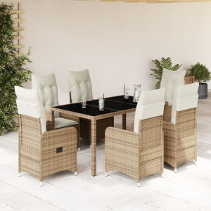 Set de mesa y sillas de jardín 7 pzas y cojines ratán PE beige D