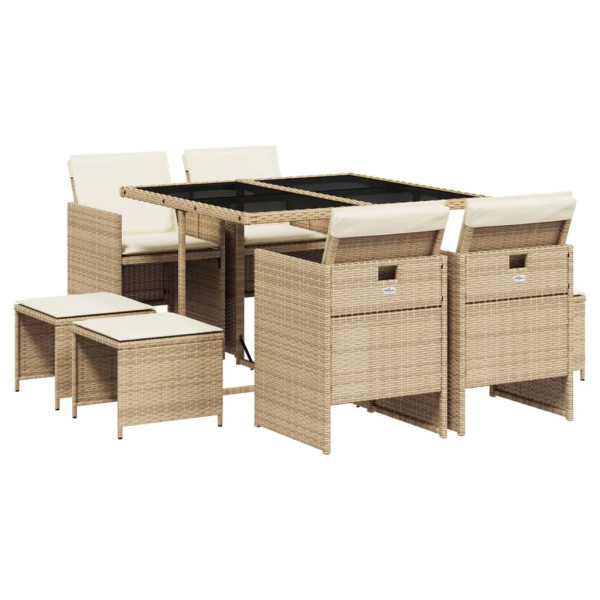 Set comedor de jardín 9 pzas con cojines ratán sintético beige D